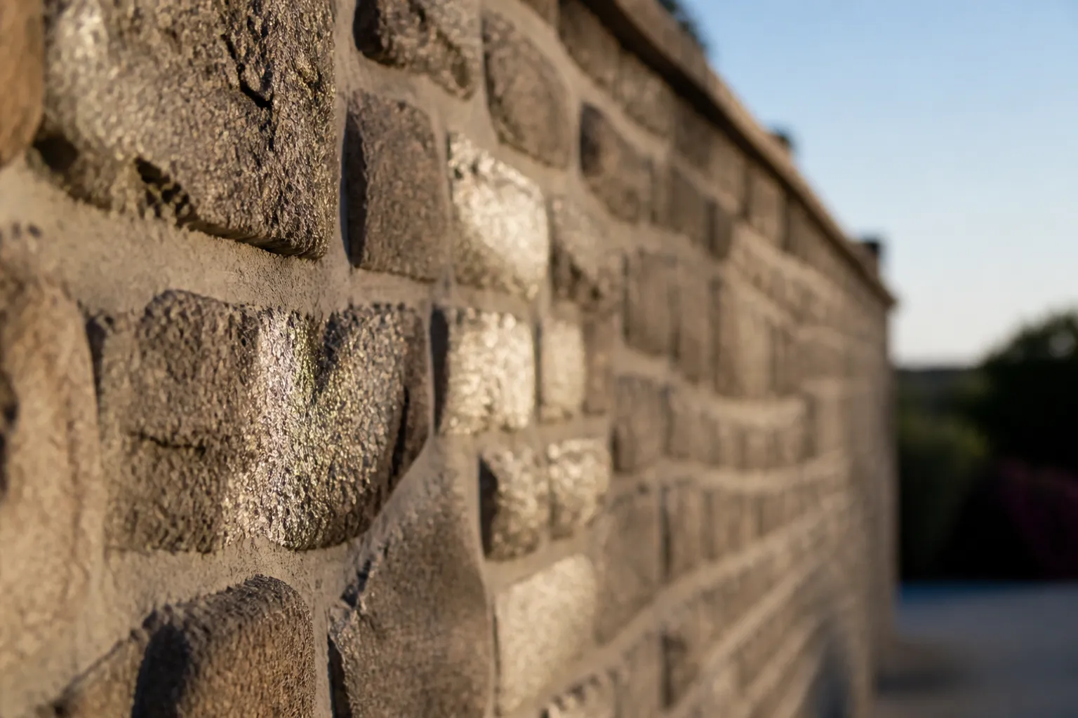 Mur de granite breton à grain moyen, éclats de mica visibles en lumière rasante